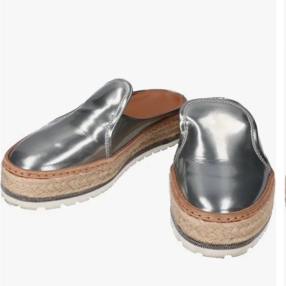 Brunello Cucinelli Metallic Leather Platform w Monili Trim Mule Espadrilles - Picture 2 of 12